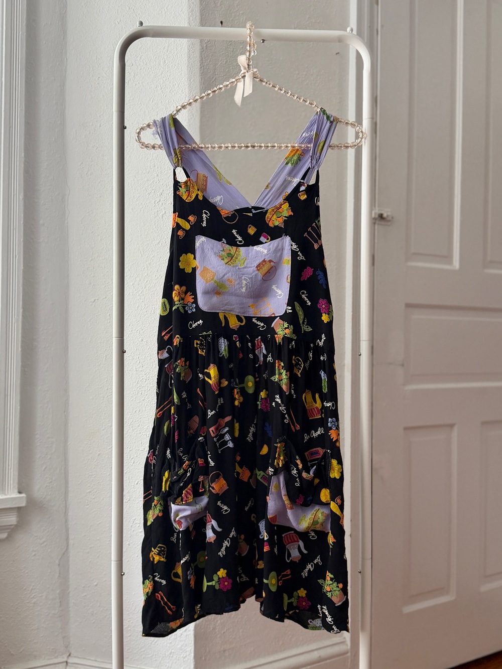 Vintage 90s Sareet French food & drink pattern apron neck overall babydoll dress